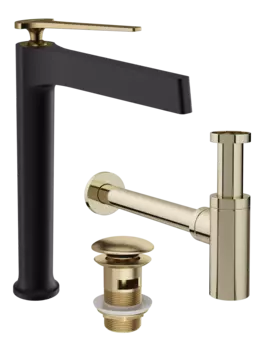 Комплект Смеситель STWORKI Аулум S06020BG матовый черный, матовое золото + Сифон SD-001GM золото матовое + Донный клапан SW-001GM золото матовое