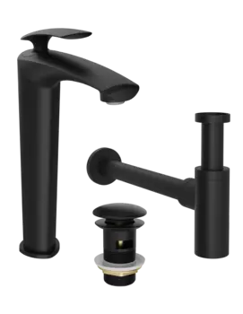 Комплект Смеситель STWORKI Гётеборг S03020BK матовый черный + Сифон SD-001BK черный матовый + Донный клапан SW-001BK черный матовый