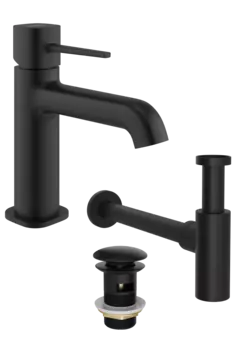 Комплект Смеситель STWORKI Эстерсунд S31010BK черный + Сифон SD-001BK черный матовый + Донный клапан SW-001BK черный матовый