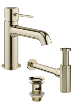 Комплект Смеситель STWORKI Эстерсунд S31010GG глянцевое золото + Сифон SD-001GG золото глянец + Донный клапан SW-001GG золото глянец