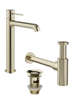 Комплект Смеситель STWORKI Эстерсунд S31020GG глянцевое золото + Сифон SD-001GG золото глянец + Донный клапан SW-001GG золото глянец