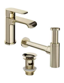 Комплект Смеситель STWORKI Копенгаген S42010GG глянцевое золото + Сифон SD-001GG золото глянец + Донный клапан SW-001GG золото глянец