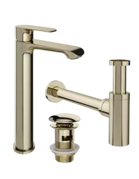 Комплект Смеситель STWORKI Копенгаген S42020GG глянцевое золото + Сифон SD-001GG золото глянец + Донный клапан SW-001GG золото глянец