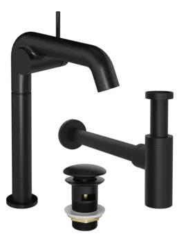 Комплект Смеситель STWORKI Лунд S25020BK матовый черный + Сифон SD-001BK черный матовый + Донный клапан SW-001BK черный матовый