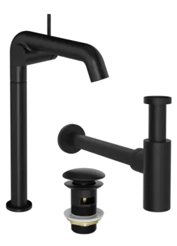 Комплект Смеситель STWORKI Лунд S25025BK матовый черный + Сифон SD-001BK черный матовый + Донный клапан SW-001BK черный матовый