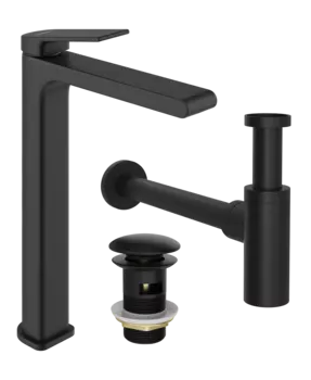 Комплект Смеситель STWORKI Ольборг S20020BK черный + Сифон SD-001BK черный матовый + Донный клапан SW-001BK черный матовый