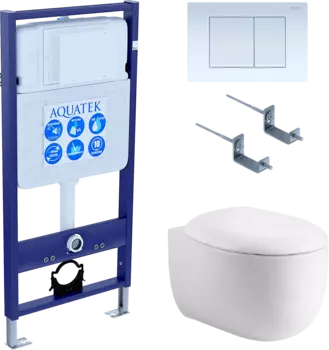 Комплект Унитаз подвесной AQUATEK Альтаир AQ1980-00 безободковый, с микролифтом + Инсталляция Standard INS-0000012 + Комплект креплений KKI-0000002 + Кнопка KDI-0000009 белая