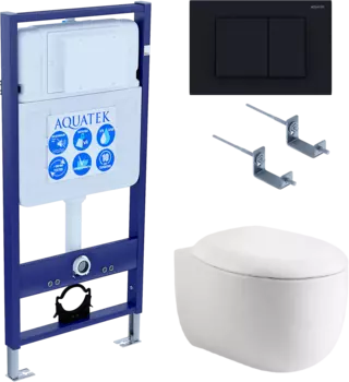 Комплект Унитаз подвесной AQUATEK Альтаир AQ1980-00 безободковый, с микролифтом + Инсталляция Standard INS-0000012 + Комплект креплений KKI-0000002 + Кнопка KDI-0000012 матовая черная