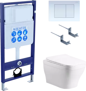 Комплект Унитаз подвесной AQUATEK Амадео AQ1163-00 безободковый, с микролифтом + Инсталляция Standard INS-0000012 + Комплект креплений KKI-0000002 + Кнопка KDI-0000009 белая