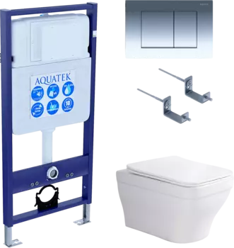 Комплект Унитаз подвесной AQUATEK Амадео AQ1163-00 безободковый, с микролифтом + Инсталляция Standard INS-0000012 + Комплект креплений KKI-0000002 + Кнопка KDI-0000010 глянцевый хром