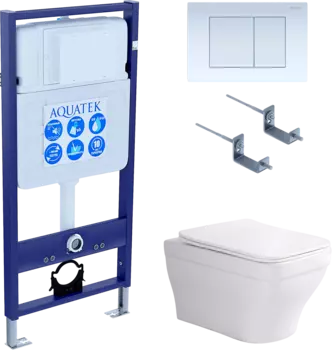 Комплект Унитаз подвесной AQUATEK Амадео AQ1180-00 безободковый, с микролифтом + Инсталляция Standard INS-0000012 + Комплект креплений KKI-0000002 + Кнопка KDI-0000009 белая