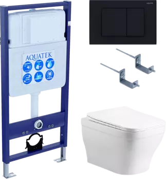 Комплект Унитаз подвесной AQUATEK Амадео AQ1180-00 безободковый, с микролифтом + Инсталляция Standard INS-0000012 + Комплект креплений KKI-0000002 + Кнопка KDI-0000012 матовая черная