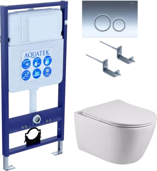 Комплект Унитаз подвесной AQUATEK Бетта AQ1253W-00 безободковый, с микролифтом + Инсталляция Standard INS-0000012 + Комплект креплений KKI-0000002 + Кнопка KDI-0000018 глянцевый хром