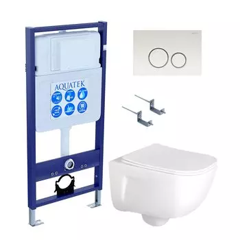 Комплект Унитаз подвесной AQUATEK Дива AQ2012-00 безободковый, с микролифтом + Инсталляция Standard INS-0000012 + Комплект креплений KKI-0000002 + Кнопка KDI-0000015 белая