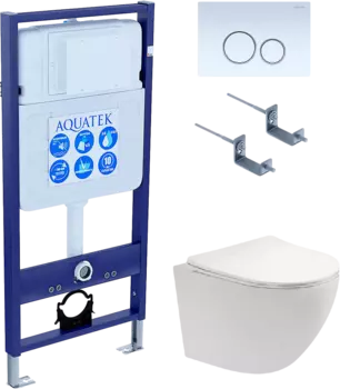 Комплект Унитаз подвесной AQUATEK Европа AQ1900T-00 безободковый, с микролифтом + Инсталляция Standard INS-0000012 + Комплект креплений KKI-0000002 + Кнопка KDI-0000015 белая