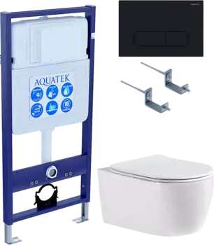 Комплект Унитаз подвесной AQUATEK Европа New AQ1106-00 безободковый, с микролифтом + Инсталляция Standard INS-0000012 + Комплект креплений KKI-0000002 + Кнопка KDI-0000017 матовая черная