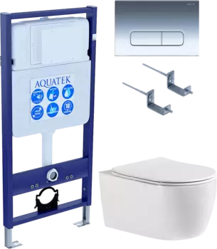 Комплект Унитаз подвесной AQUATEK Европа New AQ1106-00 безободковый, с микролифтом + Инсталляция Standard INS-0000012 + Комплект креплений KKI-0000002 + Кнопка KDI-0000016 глянцевый хром