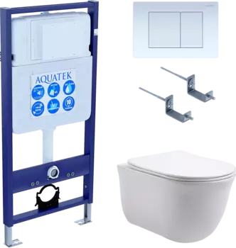 Комплект Унитаз подвесной AQUATEK Классик AQ1111-00 безободковый, с микролифтом + Инсталляция Standard INS-0000012 + Комплект креплений KKI-0000002 + Кнопка KDI-0000009 белая