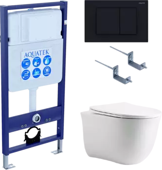 Комплект Унитаз подвесной AQUATEK Классик AQ1112-00 безободковый, с микролифтом + Инсталляция Standard INS-0000012 + Комплект креплений KKI-0000002 + Кнопка KDI-0000012 матовая черная