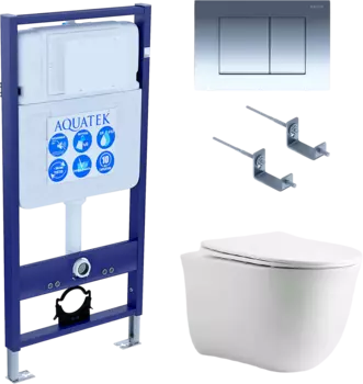 Комплект Унитаз подвесной AQUATEK Классик AQ1112-00 безободковый, с микролифтом + Инсталляция Standard INS-0000012 + Комплект креплений KKI-0000002 + Кнопка KDI-0000010 глянцевый хром