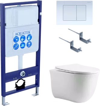 Комплект Унитаз подвесной AQUATEK Классик AQ1112-00 безободковый, с микролифтом + Инсталляция Standard INS-0000012 + Комплект креплений KKI-0000002 + Кнопка KDI-0000009 белая
