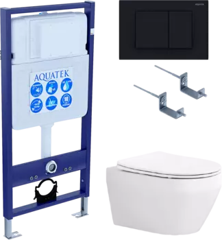 Комплект Унитаз подвесной AQUATEK Лея AQ1199-00 безободковый, с микролифтом + Инсталляция Standard INS-0000012 + Комплект креплений KKI-0000002 + Кнопка KDI-0000012 матовая черная