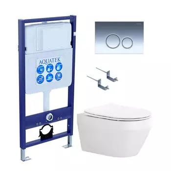 Комплект Унитаз подвесной AQUATEK Лея AQ1199-00 безободковый, с микролифтом + Инсталляция Standard INS-0000012 + Комплект креплений KKI-0000002 + Кнопка KDI-0000018 хром