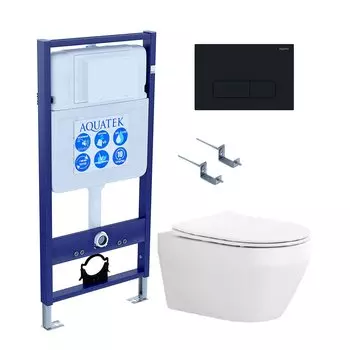 Комплект Унитаз подвесной AQUATEK Лея AQ1199-00 безободковый, с микролифтом + Инсталляция Standard INS-0000012 + Комплект креплений KKI-0000002 + Кнопка KDI-0000017 черный матовый