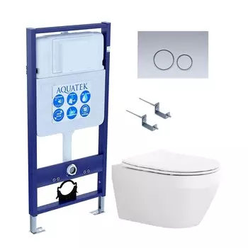 Комплект Унитаз подвесной AQUATEK Лея AQ1199-00 безободковый, с микролифтом + Инсталляция Standard INS-0000012 + Комплект креплений KKI-0000002 + Кнопка KDI-0000019 хром матовый