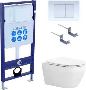 Комплект Унитаз подвесной AQUATEK Лея AQ1199-00 безободковый, с микролифтом + Инсталляция Standard INS-0000012 + Комплект креплений KKI-0000002 + Кнопка KDI-0000009 белая