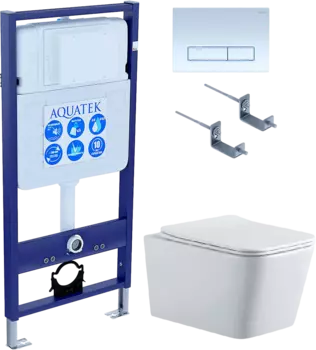 Комплект Унитаз подвесной AQUATEK Либра New AQ0530N-00 безободковый, с микролифтом + Инсталляция Standard INS-0000012 + Комплект креплений KKI-0000002 + Кнопка KDI-0000021 белый глянец