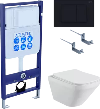 Комплект Унитаз подвесной AQUATEK Лира AQ1155-00 безободковый, с микролифтом + Инсталляция Standard INS-0000012 + Комплект креплений KKI-0000002 + Кнопка KDI-0000012 матовая черная