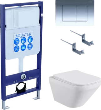 Комплект Унитаз подвесной AQUATEK Лира AQ1155-00 безободковый, с микролифтом + Инсталляция Standard INS-0000012 + Комплект креплений KKI-0000002 + Кнопка KDI-0000010 глянцевый хром