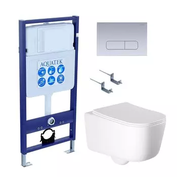 Комплект Унитаз подвесной AQUATEK Лугано AQ2002-00 безободковый, с микролифтом + Инсталляция Standard INS-0000012 + Комплект креплений KKI-0000002 + Кнопка KDI-0000014 хром матовый