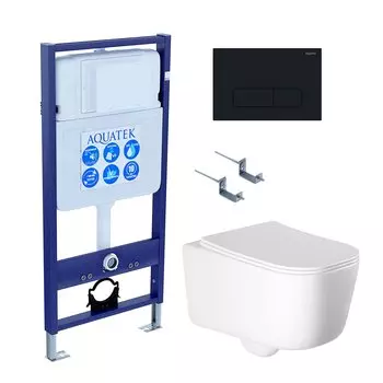Комплект Унитаз подвесной AQUATEK Лугано AQ2002-00 безободковый, с микролифтом + Инсталляция Standard INS-0000012 + Комплект креплений KKI-0000002 + Кнопка KDI-0000017 матовый черный