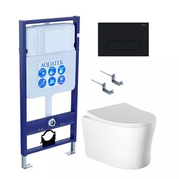 Комплект Унитаз подвесной AQUATEK Ника AQ2009-00 безободковый, с микролифтом + Инсталляция Standard INS-0000012 + Комплект креплений KKI-0000002 + Кнопка KDI-0000017 черный матовый