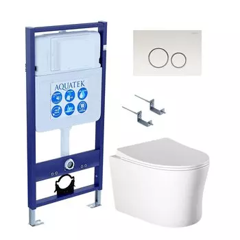 Комплект Унитаз подвесной AQUATEK Ника AQ2009-00 безободковый, с микролифтом + Инсталляция Standard INS-0000012 + Комплект креплений KKI-0000002 + Кнопка KDI-0000015 белая