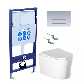 Комплект Унитаз подвесной AQUATEK Ника AQ2009-00 безободковый, с микролифтом + Инсталляция Standard INS-0000012 + Комплект креплений KKI-0000002 + Кнопка KDI-0000014 матовый хром