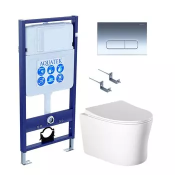 Комплект Унитаз подвесной AQUATEK Ника AQ2009-00 безободковый, с микролифтом + Инсталляция Standard INS-0000012 + Комплект креплений KKI-0000002 + Кнопка KDI-0000016 хром