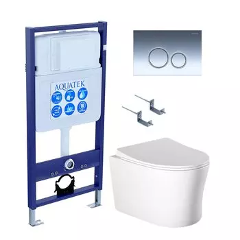 Комплект Унитаз подвесной AQUATEK Ника AQ2009-00 безободковый, с микролифтом + Инсталляция Standard INS-0000012 + Комплект креплений KKI-0000002 + Кнопка KDI-0000018 хром