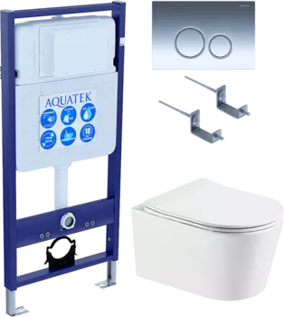 Комплект Унитаз подвесной AQUATEK Оберон Т AQ1365T-00 безободковый, с микролифтом + Инсталляция Standard INS-0000012 + Комплект креплений KKI-0000002 + Кнопка KDI-0000018 глянцевый хром
