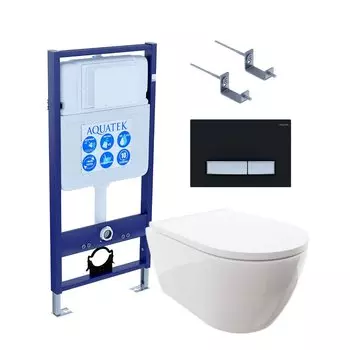 Комплект Унитаз подвесной AQUATEK Поларис AQ0700-00 безободковый, с микролифтом + Инсталляция Standard INS-0000012 + Комплект креплений KKI-0000002 + Кнопка KDI-0000026 черный матовый, никель