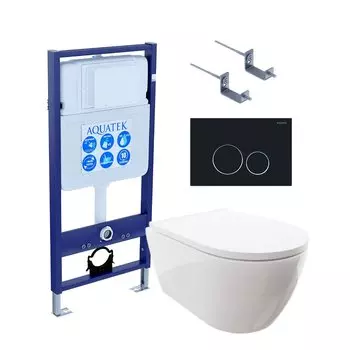 Комплект Унитаз подвесной AQUATEK Поларис AQ0700-00 безободковый, с микролифтом + Инсталляция Standard INS-0000012 + Комплект креплений KKI-0000002 + Кнопка KDI-0000020 черный матовый