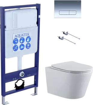 Комплект Унитаз подвесной AQUATEK Вега AQ1905-00 безободковый, с микролифтом + Инсталляция Standard INS-0000012 + Комплект креплений KKI-0000001 + Кнопка KDI-0000016 глянцевый хром