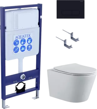 Комплект Унитаз подвесной AQUATEK Вега AQ1905-00 безободковый, с микролифтом + Инсталляция Standard INS-0000012 + Комплект креплений KKI-0000002 + Кнопка KDI-0000017 матовая черная