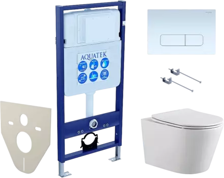 Комплект Унитаз подвесной AQUATEK Вега AQ1905-00 безободковый, с микролифтом + Инсталляция Standard INS-0000012 + Комплект креплений KKI-0000001 + Кнопка KDI-0000013 белая