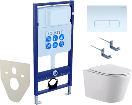Комплект Унитаз подвесной AQUATEK Вега AQ1905-00 безободковый, с микролифтом + Инсталляция Standard INS-0000012 + Комплект креплений KKI-0000002 + Кнопка KDI-0000013 белая