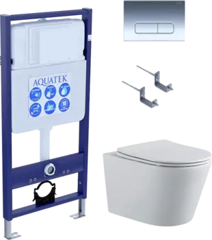 Комплект Унитаз подвесной AQUATEK Вега AQ1905-00 безободковый, с микролифтом + Инсталляция Standard INS-0000012 + Комплект креплений KKI-0000002 + Кнопка KDI-0000016 глянцевый хром