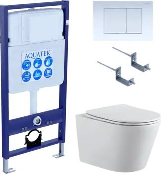 Комплект Унитаз подвесной AQUATEK Вега AQ1905-00 безободковый, с микролифтом + Инсталляция Standard INS-0000012 + Комплект креплений KKI-0000002 + Кнопка KDI-0000009 белая