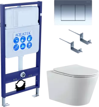 Комплект Унитаз подвесной AQUATEK Вега AQ1905-00 безободковый, с микролифтом + Инсталляция Standard INS-0000012 + Комплект креплений KKI-0000002 + Кнопка KDI-0000010 глянцевый хром